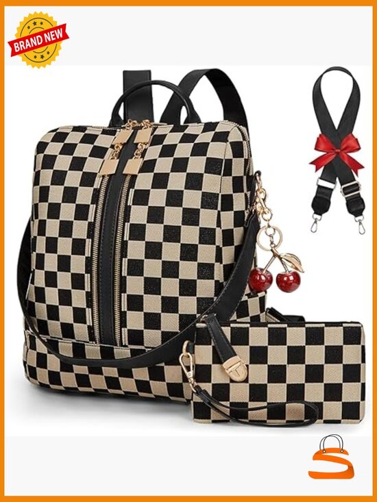 Vintage Checkered Backpack Purse - 2-in-1 Convertible Diaper Bag Work Travel main image 7